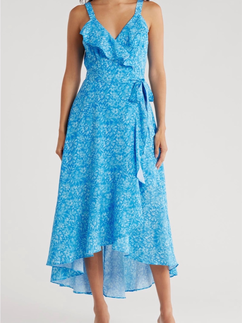 NWT-Hutch Eden Wrap Blue Fit & Flare Floral High Low Ruffle Midi Dress-Size XL